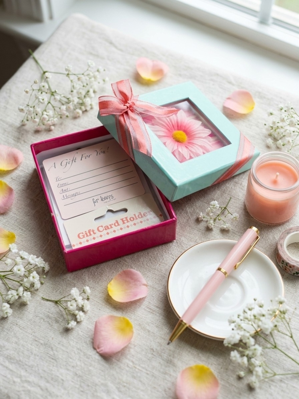 Decorative Pink Gift Box Set with Floral Accent